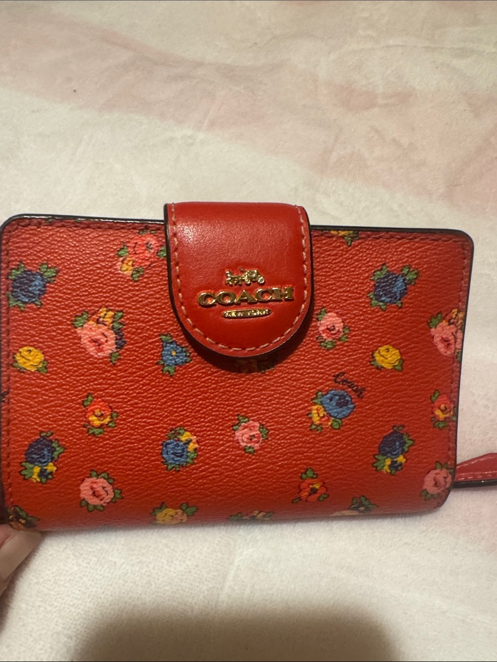 Coach Red Floral Print Leather Wallet with Gold Logo